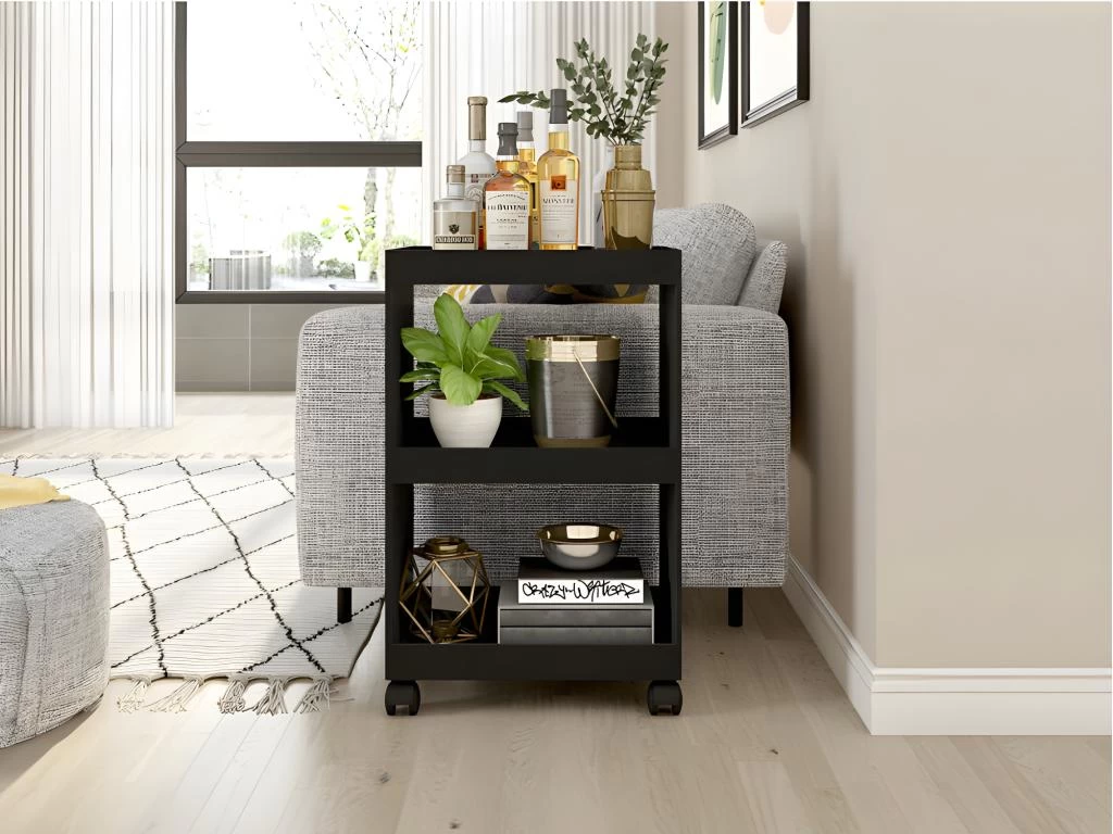 Desserte De Bar Noire 3 Etagères Sur Roulettes 4 Desserte De Bar Noire 3 Etagères Sur Roulettes – Image 2