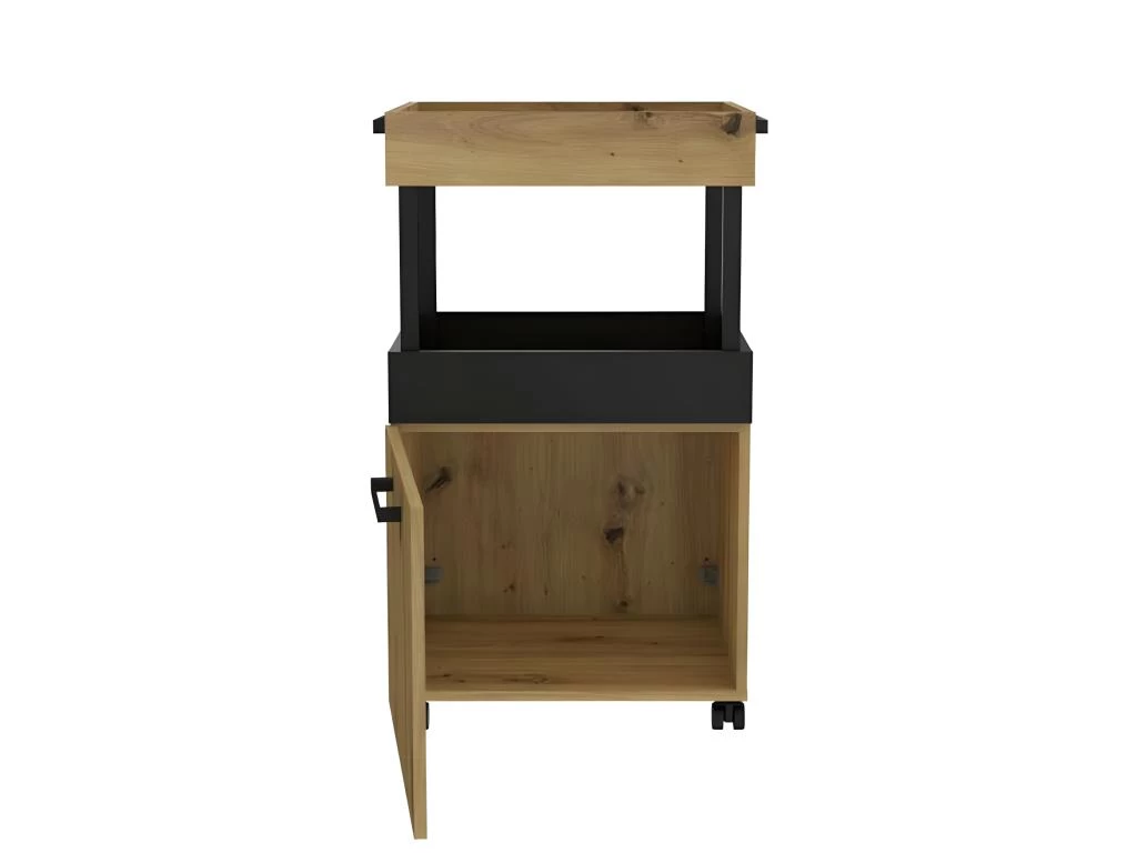 Bar à Roulettes 1 Porte 2 Plateaux Décor Chêne Et Noir - BENJI 5 Bar à Roulettes 1 Porte 2 Plateaux Décor Chêne Et Noir - BENJI – Image 3