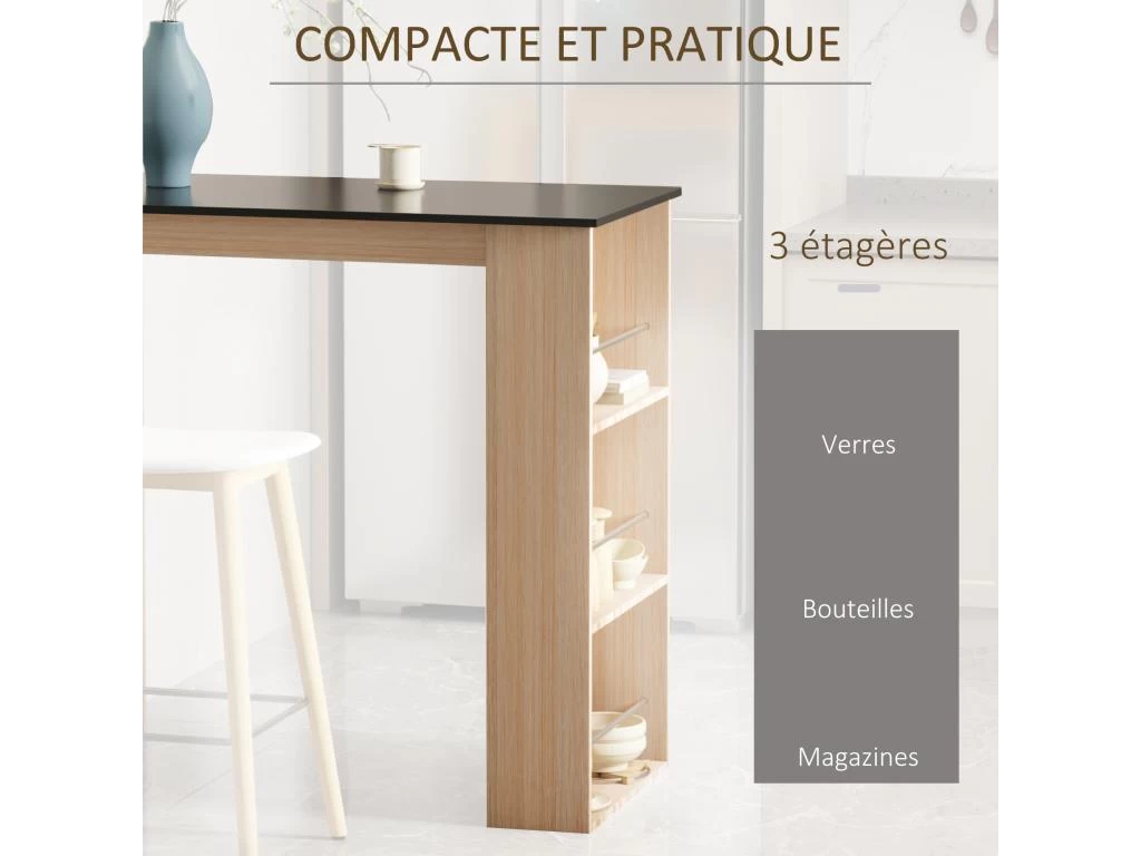 HOMCOM Table De Bar Table Haute De Cuisine Mange-debout Comptoir - Dim. 112L X 57l X 106H Cm - 3 étagères - Panneaux De Particules - Aspect Chêne Clair Noir 6 HOMCOM Table De Bar Table Haute De Cuisine Mange-debout Comptoir - Dim. 112L X 57l X 106H Cm - 3 étagères - Panneaux De Particules - Aspect Chêne Clair Noir – Image 4