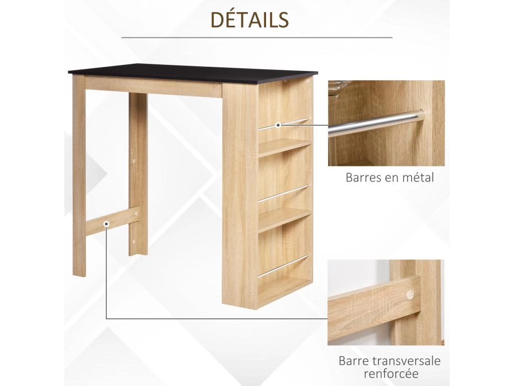 HOMCOM Table De Bar Table Haute De Cuisine Mange-debout Comptoir - Dim. 112L X 57l X 106H Cm - 3 étagères - Panneaux De Particules - Aspect Chêne Clair Noir 7 HOMCOM Table De Bar Table Haute De Cuisine Mange-debout Comptoir - Dim. 112L X 57l X 106H Cm - 3 étagères - Panneaux De Particules - Aspect Chêne Clair Noir – Image 5