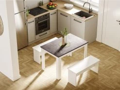 Table à Manger CASSY II - 4 Couverts - Blanc, Plateau Effet Béton