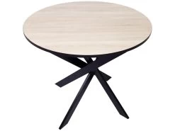 Table à Manger Ronde Fixe, 90x90x77cm, Capacité Jusqu'à 4 Personnes, Couleur Chêne Et Noir, Pieds Métalliques Couleur Noir Laqué Mat