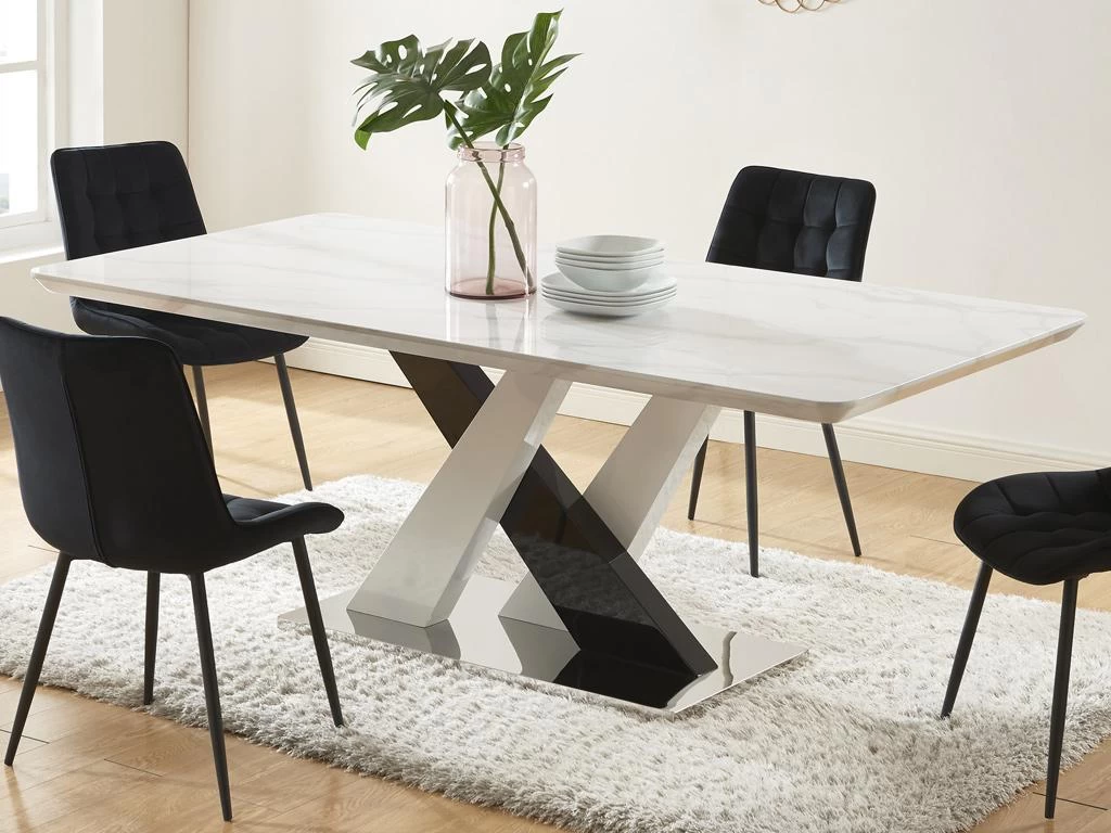Table à Manger 8 Couverts En MDF Et Acier Inoxydable - Effet Marbre Blanc Et Noir - EVAELA 4 Table à Manger 8 Couverts En MDF Et Acier Inoxydable - Effet Marbre Blanc Et Noir - EVAELA – Image 2
