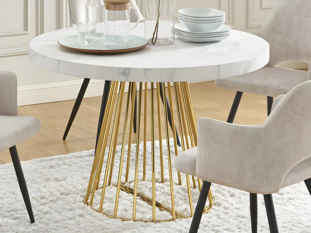 Table à Manger Extensible 2 à 12 Couverts En MDF Et Acier - Effet Marbre Blanc Et Doré - FIRELA 12 Table à Manger Extensible 2 à 12 Couverts En MDF Et Acier - Effet Marbre Blanc Et Doré - FIRELA – Image 10