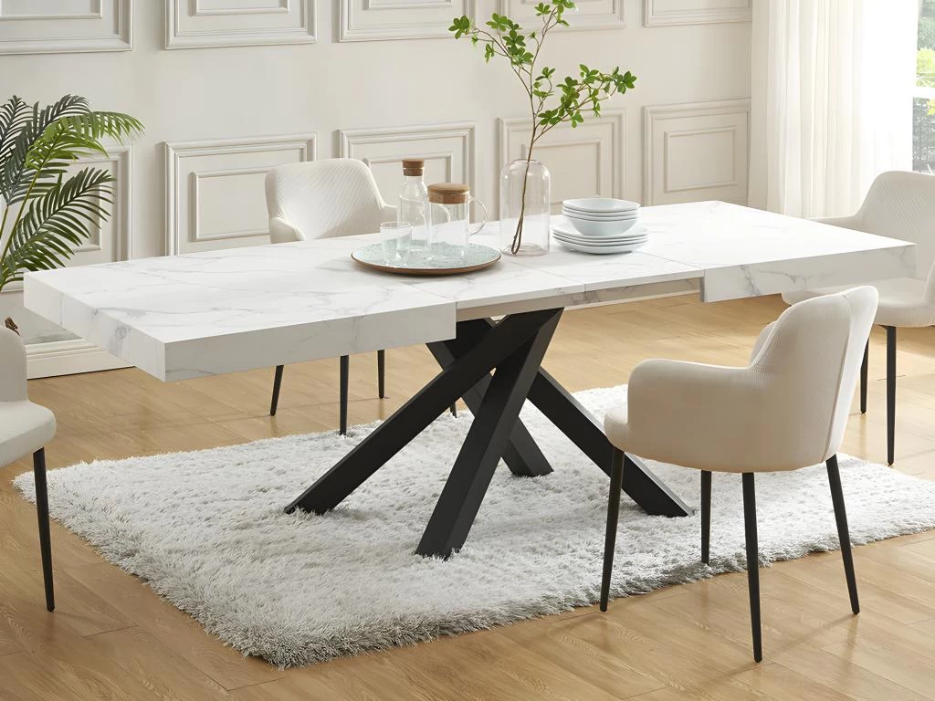 Table à Manger Extensible 6 à 10 Couverts En MDF Et Métal - Effet Marbre Blanc Et Noir - CATONAV 4 Table à Manger Extensible 6 à 10 Couverts En MDF Et Métal - Effet Marbre Blanc Et Noir - CATONAV – Image 2