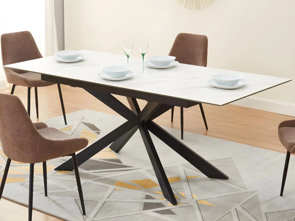 Table à Manger Extensible ALBINA - 6 à 8 Couverts - Céramique & Verre Trempé - Effet Marbre Blanc 4 Table à Manger Extensible ALBINA - 6 à 8 Couverts - Céramique & Verre Trempé - Effet Marbre Blanc – Image 2