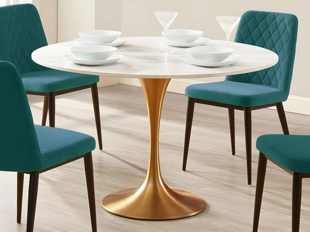 Table à Manger NORAH - 4 Couverts - Marbre Et Métal - Blanc Et Doré 7 Table à Manger NORAH - 4 Couverts - Marbre Et Métal - Blanc Et Doré – Image 5