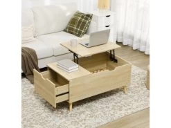 Table Basse Relevable Design Scandinave - Tiroir, Coffre Interne - Acier Piètement Bois Pin Panneaux Aspect Chêne Clair