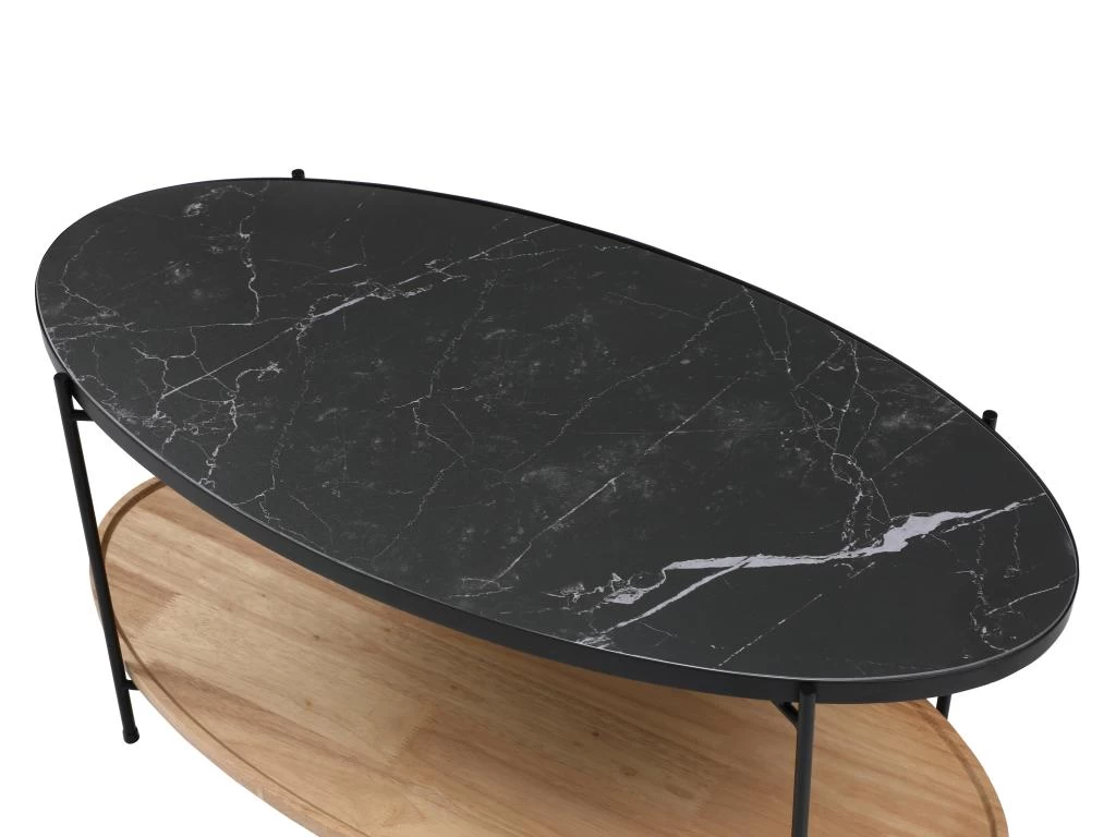 Table Basse Double Plateau En Céramique Et Bois D'hévéa - Effet Marbre Noir Et Naturel - FUDILA 7 Table Basse Double Plateau En Céramique Et Bois D'hévéa - Effet Marbre Noir Et Naturel - FUDILA – Image 5