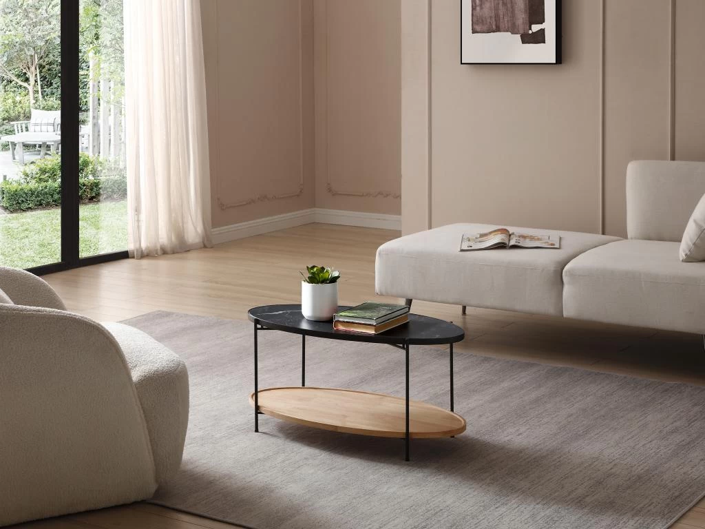 Table Basse Double Plateau En Céramique Et Bois D'hévéa - Effet Marbre Noir Et Naturel - FUDILA 3 Table Basse Double Plateau En Céramique Et Bois D'hévéa - Effet Marbre Noir Et Naturel - FUDILA