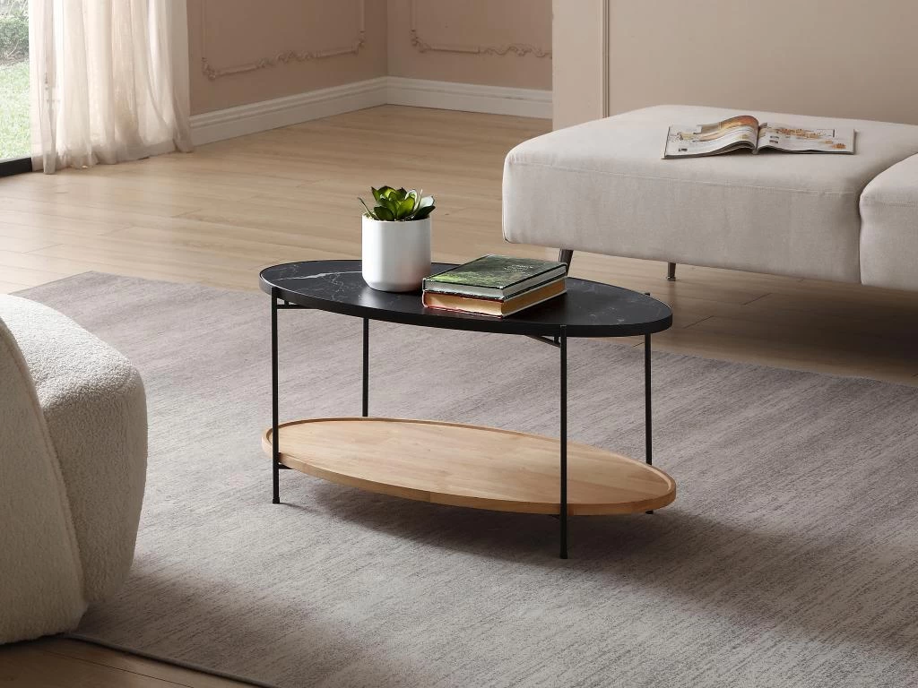 Table Basse Double Plateau En Céramique Et Bois D'hévéa - Effet Marbre Noir Et Naturel - FUDILA 4 Table Basse Double Plateau En Céramique Et Bois D'hévéa - Effet Marbre Noir Et Naturel - FUDILA – Image 2