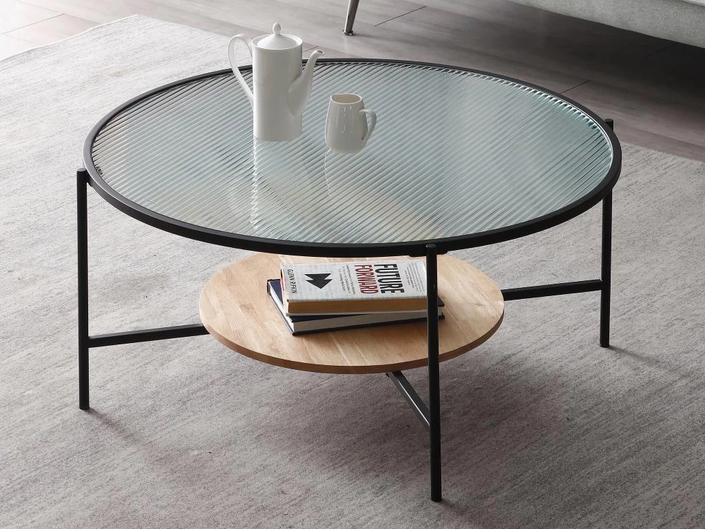 Table Basse Avec 1 étagère - Verre, Bois D'hévéa Et Métal - Naturel Et Noir - MUNITA 4 Table Basse Avec 1 étagère - Verre, Bois D'hévéa Et Métal - Naturel Et Noir - MUNITA – Image 2