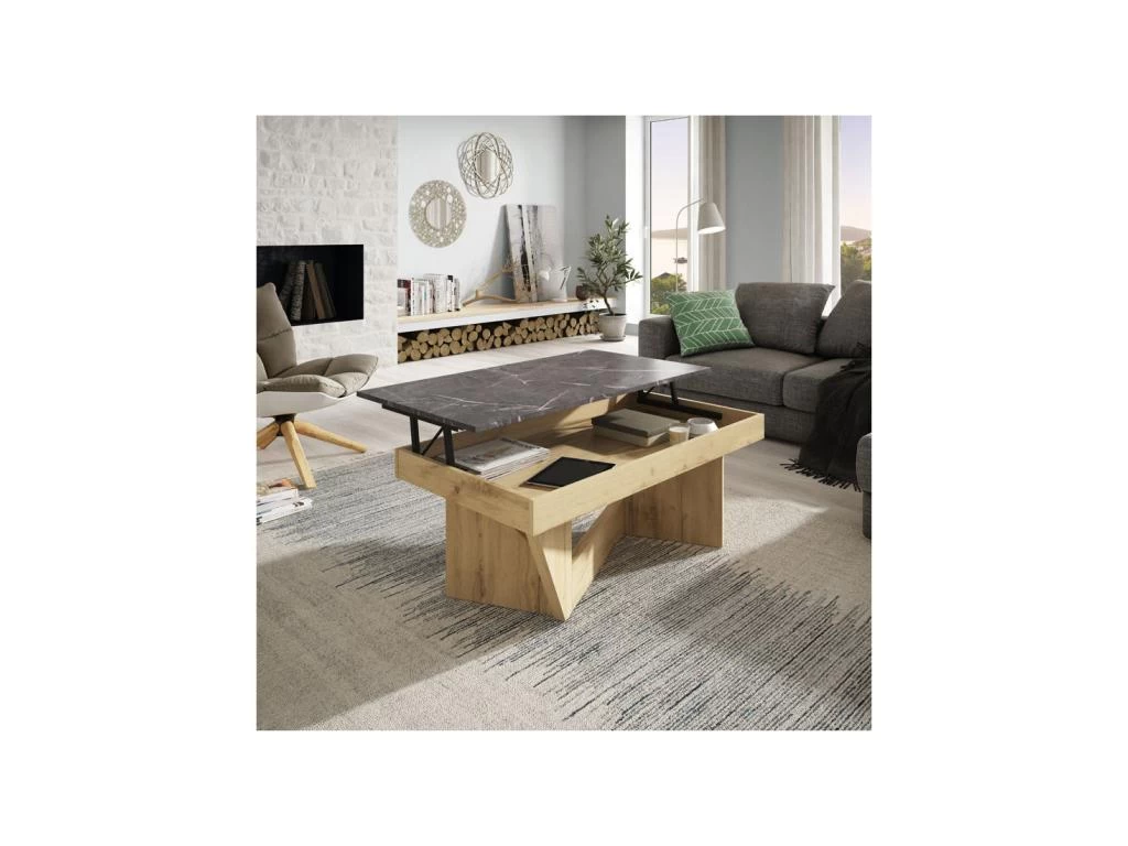 Table Basse Relevable Chêne Blond/Marbre Gris - POPLO 4 Table Basse Relevable Chêne Blond/Marbre Gris - POPLO – Image 2