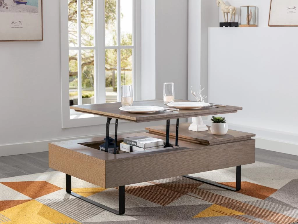 Table Basse Avec Plateau Relevable Et 1 Tiroir En MDF Et Métal - Naturel Foncé - DALAHO 3 Table Basse Avec Plateau Relevable Et 1 Tiroir En MDF Et Métal - Naturel Foncé - DALAHO