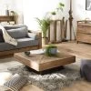 ANDRIAN - Table Basse Carrée Marron 99.5x99.5cm Bois Pin Recyclé Piètement Noir
