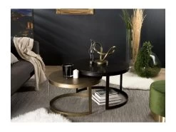 JONAS - Set De 2 Tables Gigognes Ceinturées Rondes Aluminium Noir Doré - Pieds Métal Demi-cercle