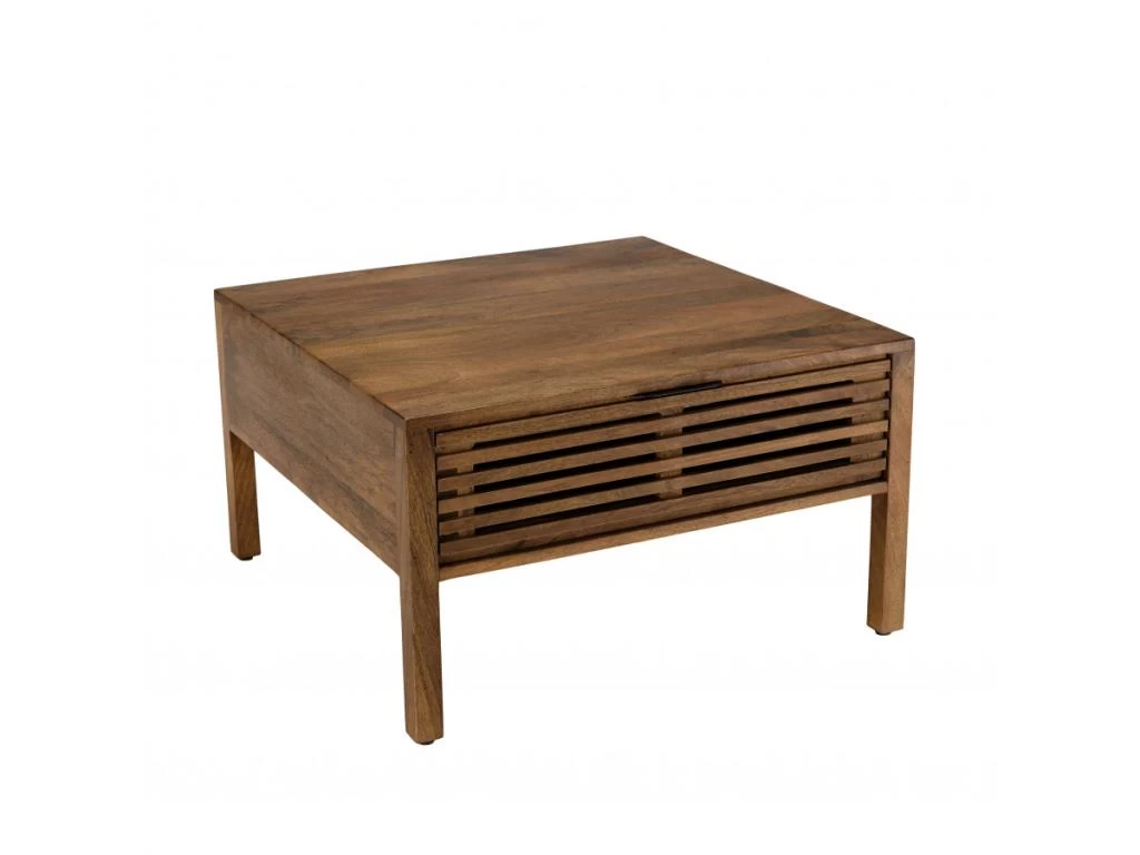ALIX - Table Basse Carrée 70x70cm En Bois De Manguier 2 Tiroirs Ajourés 4 ALIX - Table Basse Carrée 70x70cm En Bois De Manguier 2 Tiroirs Ajourés – Image 2