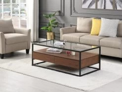 Table Basse Avec 2 Tiroirs En MDF, Verre Trempé Et Métal - Naturel Foncé - CAMATA