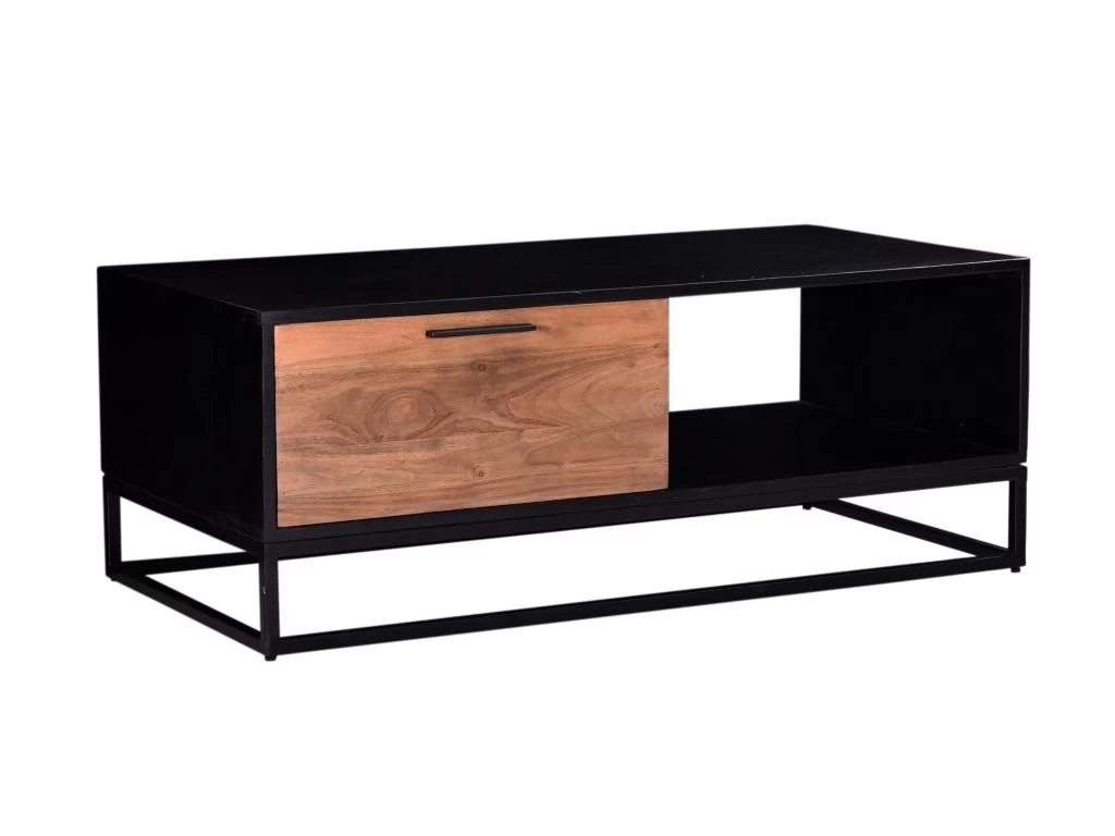 Table Basse Avec 1 Tiroir Et 1 Niche En Bois D'acacia Et Métal - Naturel Foncé Et Noir - ALYONA 9 Table Basse Avec 1 Tiroir Et 1 Niche En Bois D'acacia Et Métal - Naturel Foncé Et Noir - ALYONA – Image 7