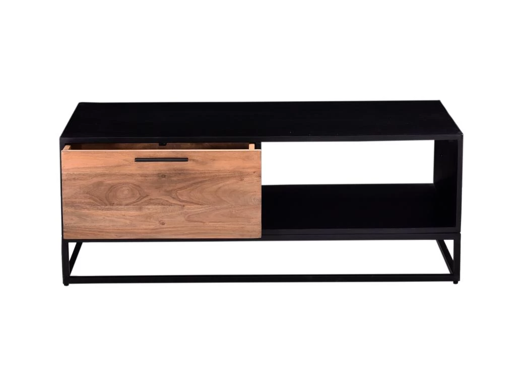 Table Basse Avec 1 Tiroir Et 1 Niche En Bois D'acacia Et Métal - Naturel Foncé Et Noir - ALYONA 7 Table Basse Avec 1 Tiroir Et 1 Niche En Bois D'acacia Et Métal - Naturel Foncé Et Noir - ALYONA – Image 5