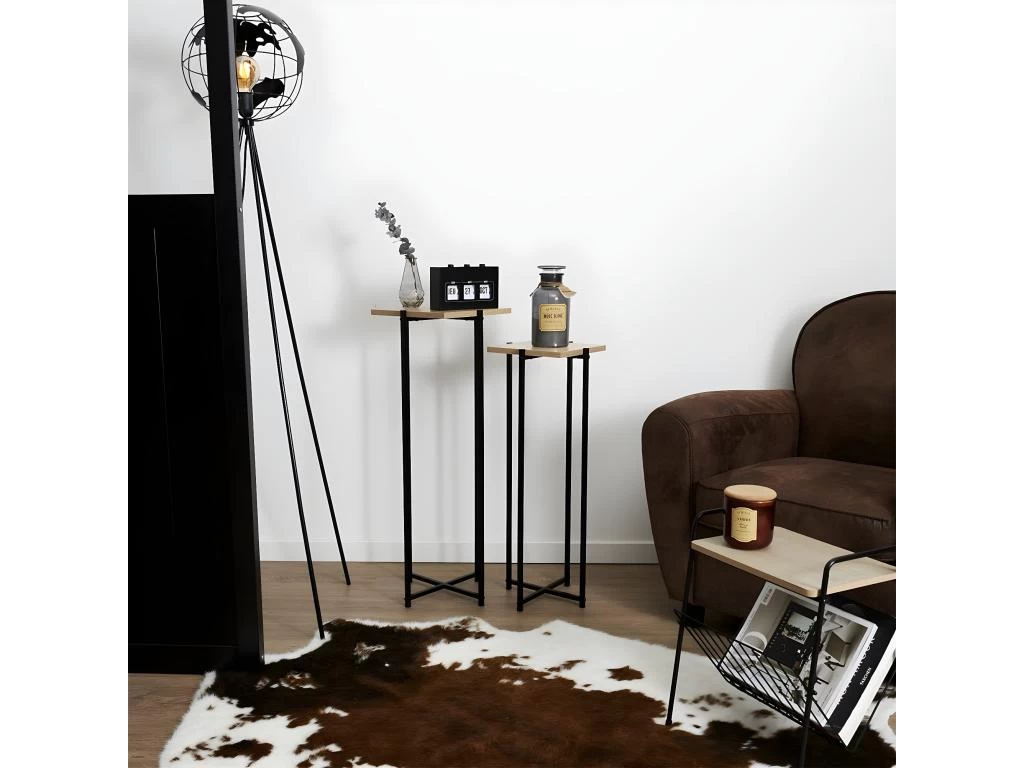 MOX - Duo De Sellettes Gigognes Industrielles Aspect Bois Et Métal Noir 4 MOX - Duo De Sellettes Gigognes Industrielles Aspect Bois Et Métal Noir – Image 2