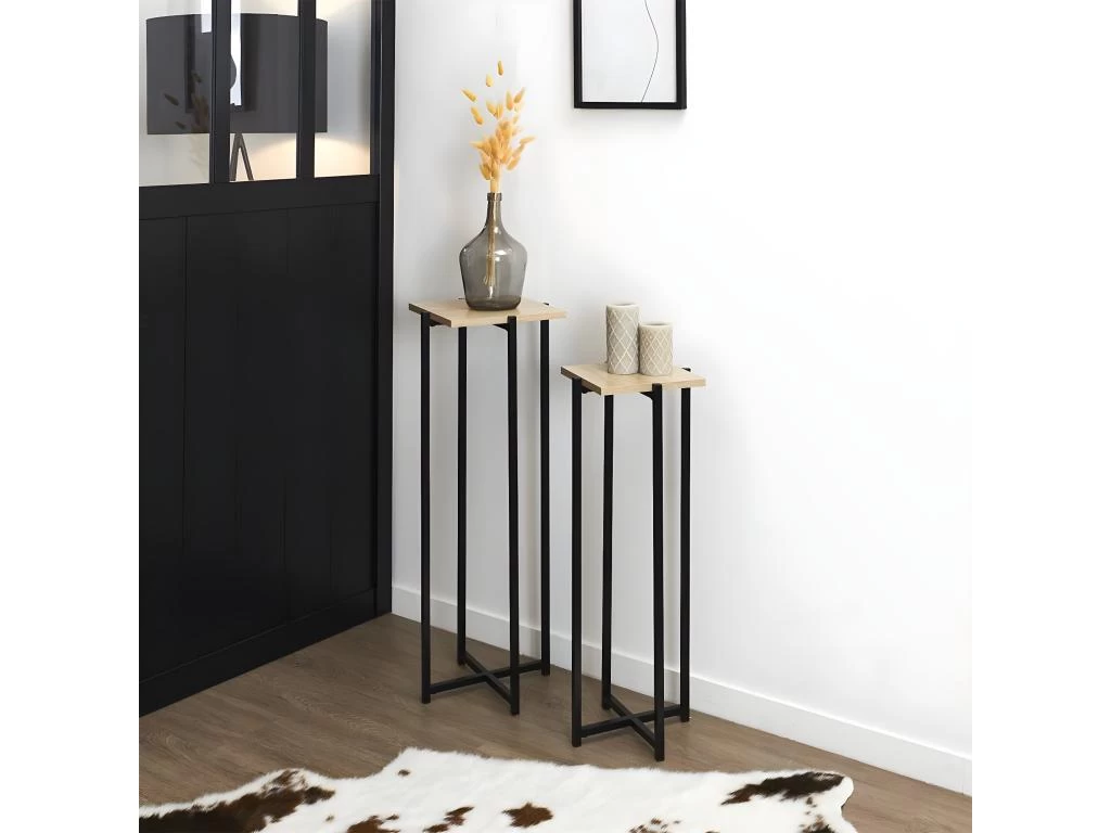 MOX - Duo De Sellettes Gigognes Industrielles Aspect Bois Et Métal Noir 6 MOX - Duo De Sellettes Gigognes Industrielles Aspect Bois Et Métal Noir – Image 4