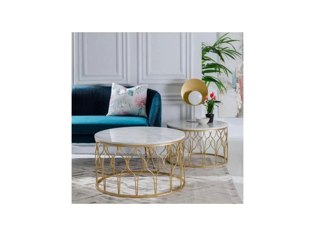 Tables Basses Gigognes Marbre Blanc/Doré - AMILI 4 Tables Basses Gigognes Marbre Blanc/Doré - AMILI – Image 2