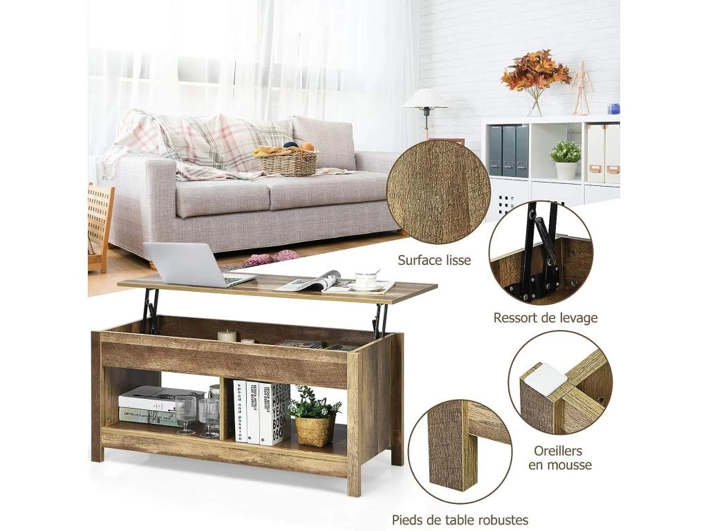 Table Basse Avec Plateau Relevable Et Espace De Rangement Caché, Ideal Pour Salon 109 X 47,5 X 50 Cm 4 Table Basse Avec Plateau Relevable Et Espace De Rangement Caché, Ideal Pour Salon 109 X 47,5 X 50 Cm – Image 2