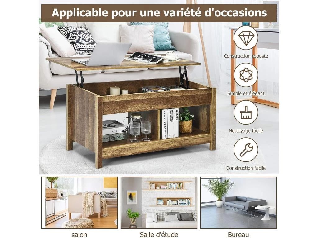 Table Basse Avec Plateau Relevable Et Espace De Rangement Caché, Ideal Pour Salon 109 X 47,5 X 50 Cm 5 Table Basse Avec Plateau Relevable Et Espace De Rangement Caché, Ideal Pour Salon 109 X 47,5 X 50 Cm – Image 3