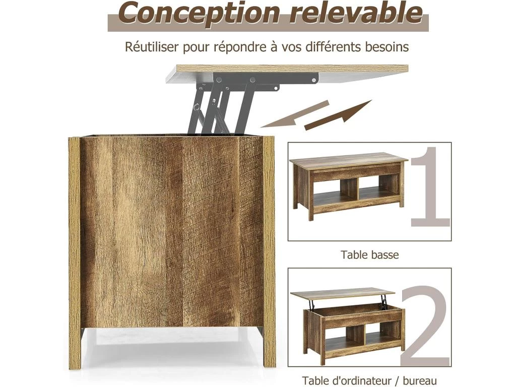Table Basse Avec Plateau Relevable Et Espace De Rangement Caché, Ideal Pour Salon 109 X 47,5 X 50 Cm 6 Table Basse Avec Plateau Relevable Et Espace De Rangement Caché, Ideal Pour Salon 109 X 47,5 X 50 Cm – Image 4