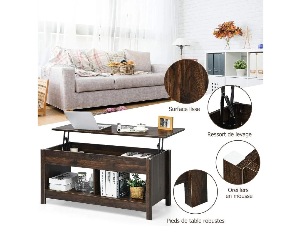 Table Basse Avec Plateau Relevable Et Espace De Rangement Caché, 109 X 47,5 X 50 Cm 4 Table Basse Avec Plateau Relevable Et Espace De Rangement Caché, 109 X 47,5 X 50 Cm – Image 2