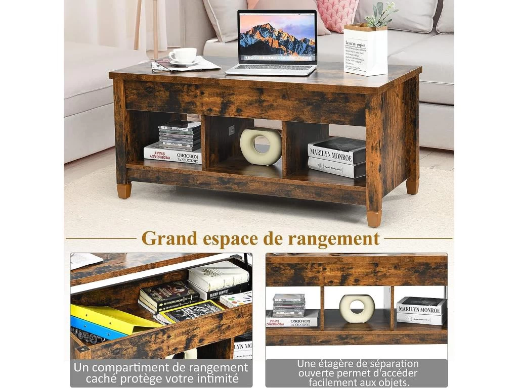 Table Basse Avec Plateau Relevable,3 Compartiments Ouverts Pour Rangement Meuble Polyvalents 5 Table Basse Avec Plateau Relevable,3 Compartiments Ouverts Pour Rangement Meuble Polyvalents – Image 3