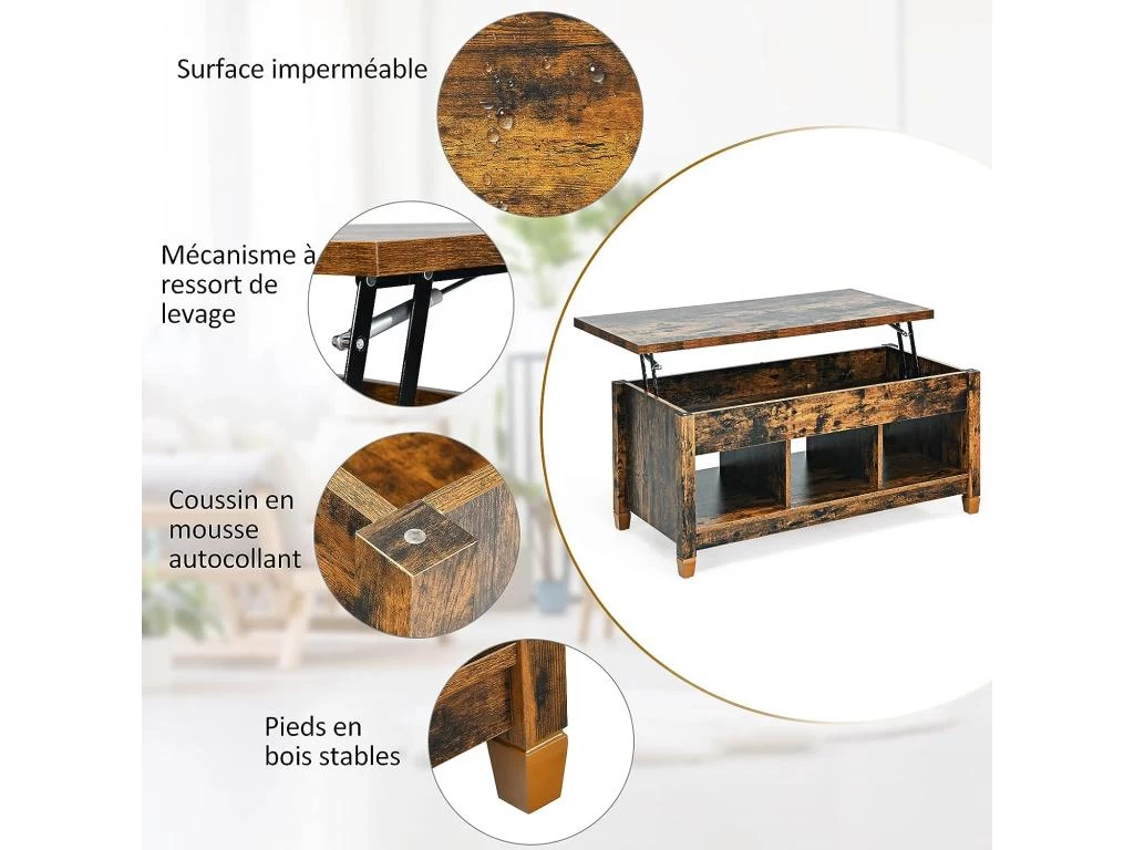 Table Basse Avec Plateau Relevable,3 Compartiments Ouverts Pour Rangement Meuble Polyvalents 6 Table Basse Avec Plateau Relevable,3 Compartiments Ouverts Pour Rangement Meuble Polyvalents – Image 4