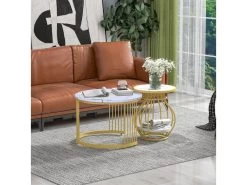 Lot De 2 Tables Gigognes Rondes - Effet Marbre - Structure En Métal - Style Scandinave - Blanc