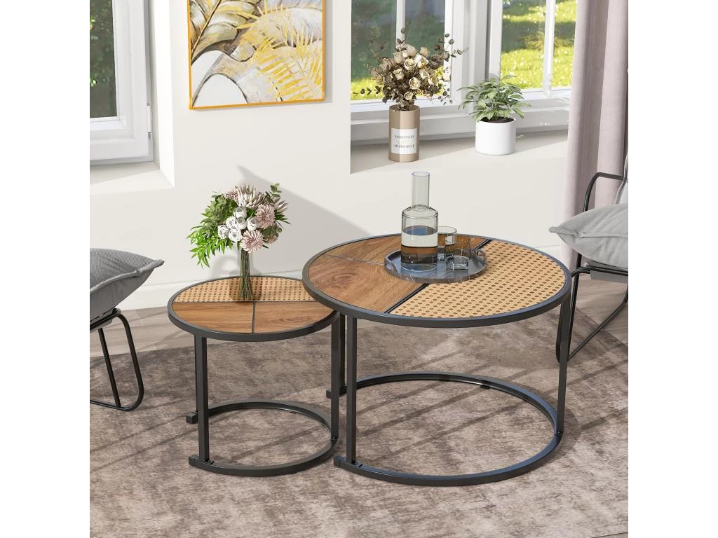 Lot De 2 Tables Gigongnes - En Faux Rotin Empilables - Style Campagnard - Naturel 3 Lot De 2 Tables Gigongnes - En Faux Rotin Empilables - Style Campagnard - Naturel