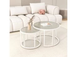 Lot De 2 Tables Gigognes - Plateau En Verre Ondulé à L'eau - Finition Blanc Laiteux -blanc