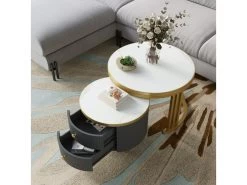 Lot De 2 Tables Basses Gigognes Avec 2 Tiroirs - Plateaux En Effet Marbre Et En Verre Trempé - Or & Gris -Vous savez quand c'est un magasin de meubles. table basse 21134691