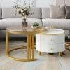 Lot De 2 Tables Basses Gigognes Avec 2 Tiroirs - Plateaux En Effet Marbre Et En Verre Trempé - Doré & Blanc