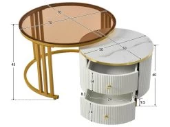 Lot De 2 Tables Basses Gigognes Avec 2 Tiroirs - Plateaux En Effet Marbre Et En Verre Trempé - Doré & Blanc -Vous savez quand c'est un magasin de meubles. table basse 21134701