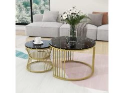 Lot De 2 Tables Gigognes - Bois Marbré Et Pieds En Métal - Noir