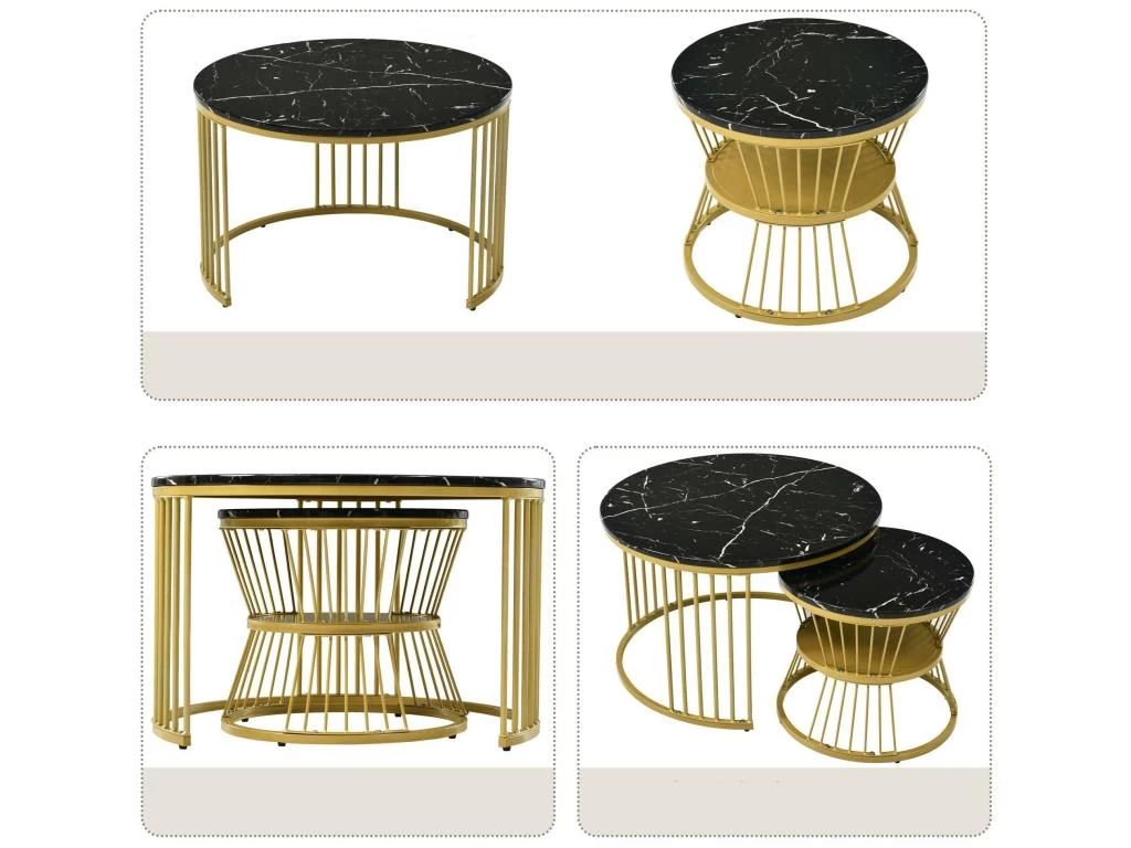 Lot De 2 Tables Gigognes - Bois Marbré Et Pieds En Métal - Noir 4 Lot De 2 Tables Gigognes - Bois Marbré Et Pieds En Métal - Noir – Image 2