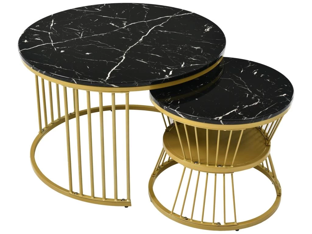 Lot De 2 Tables Gigognes - Bois Marbré Et Pieds En Métal - Noir 6 Lot De 2 Tables Gigognes - Bois Marbré Et Pieds En Métal - Noir – Image 4