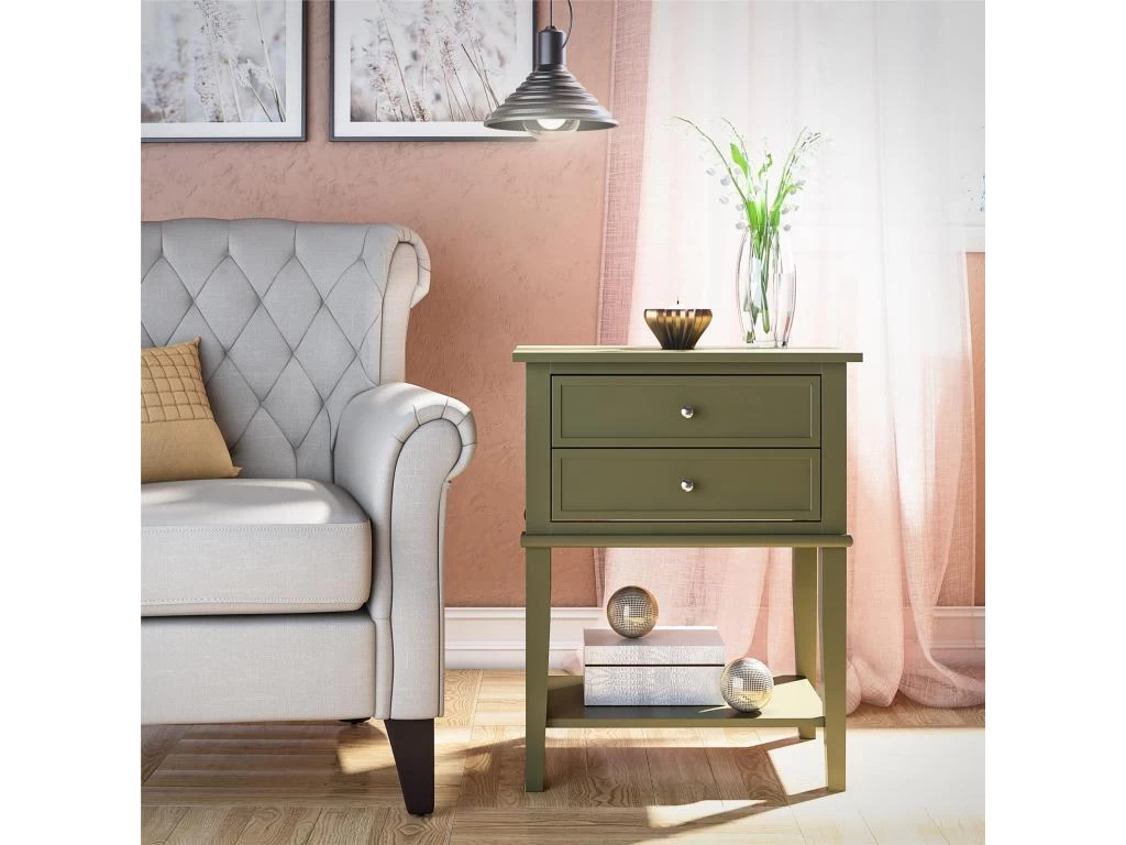 Table D'appoint Avec 2 Tiroirs En MDF Vert Olive 6 Table D'appoint Avec 2 Tiroirs En MDF Vert Olive – Image 4