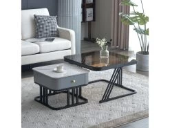 Lot De 2 Tables Gigognes Avec Un Tiroir - Recouverte De Verre Et De Marbre - Gris