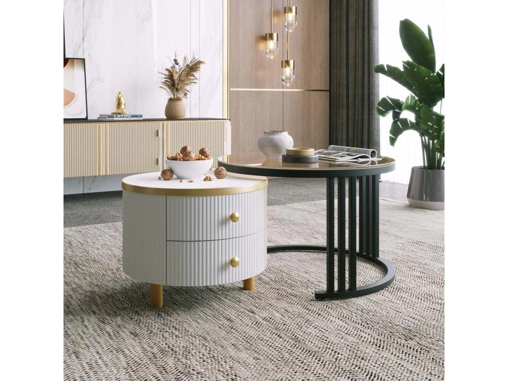 Lot De 2 Tables Basses Gigognes Avec 2 Tiroirs - Plateaux En Effet Marbre Et En Verre Trempé - Noir & Blanc 3 Lot De 2 Tables Basses Gigognes Avec 2 Tiroirs - Plateaux En Effet Marbre Et En Verre Trempé - Noir & Blanc