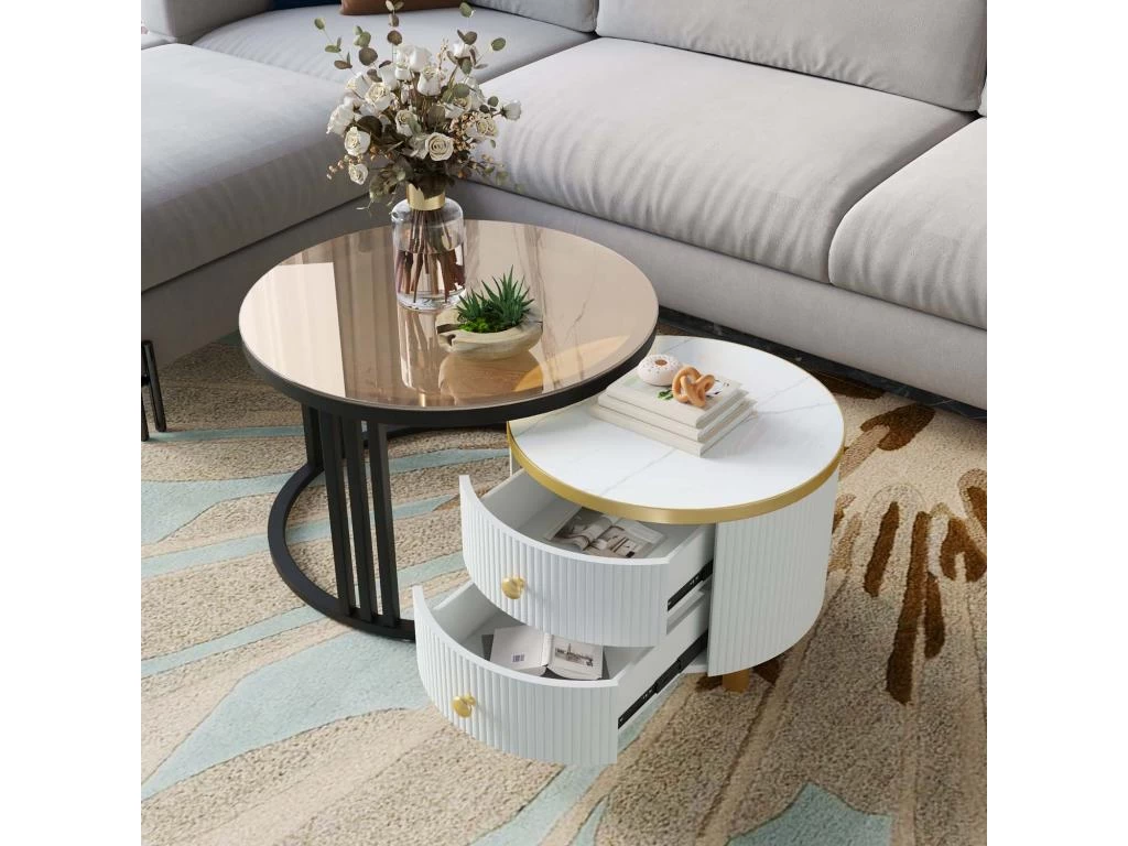 Lot De 2 Tables Basses Gigognes Avec 2 Tiroirs - Plateaux En Effet Marbre Et En Verre Trempé - Noir & Blanc 4 Lot De 2 Tables Basses Gigognes Avec 2 Tiroirs - Plateaux En Effet Marbre Et En Verre Trempé - Noir & Blanc – Image 2