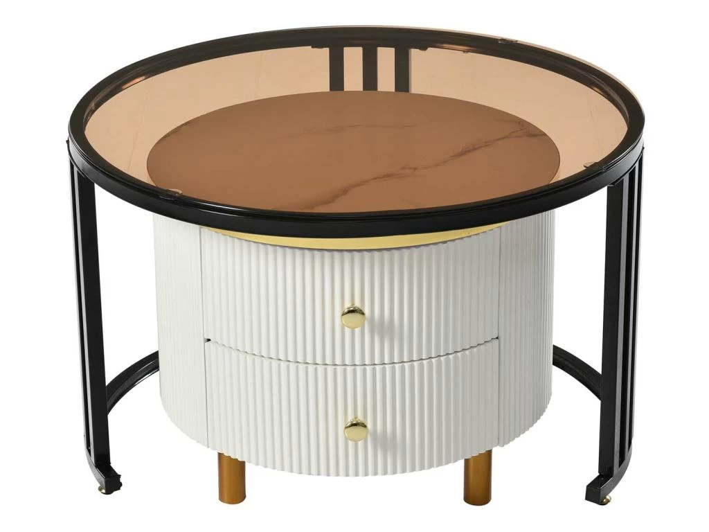 Lot De 2 Tables Basses Gigognes Avec 2 Tiroirs - Plateaux En Effet Marbre Et En Verre Trempé - Noir & Blanc 5 Lot De 2 Tables Basses Gigognes Avec 2 Tiroirs - Plateaux En Effet Marbre Et En Verre Trempé - Noir & Blanc – Image 3