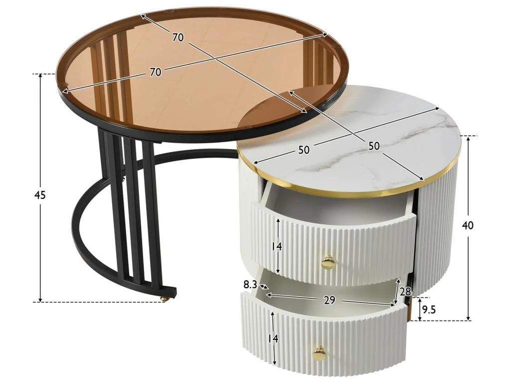 Lot De 2 Tables Basses Gigognes Avec 2 Tiroirs - Plateaux En Effet Marbre Et En Verre Trempé - Noir & Blanc 6 Lot De 2 Tables Basses Gigognes Avec 2 Tiroirs - Plateaux En Effet Marbre Et En Verre Trempé - Noir & Blanc – Image 4