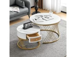 Lot De 2 Tables Gigognes - Texture Marbre - Tiroirs En Rotin - Cadre Doré - Blanc