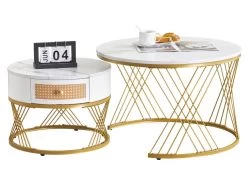 Lot De 2 Tables Gigognes - Texture Marbre - Tiroirs En Rotin - Cadre Doré - Blanc -Vous savez quand c'est un magasin de meubles. table basse 22125951